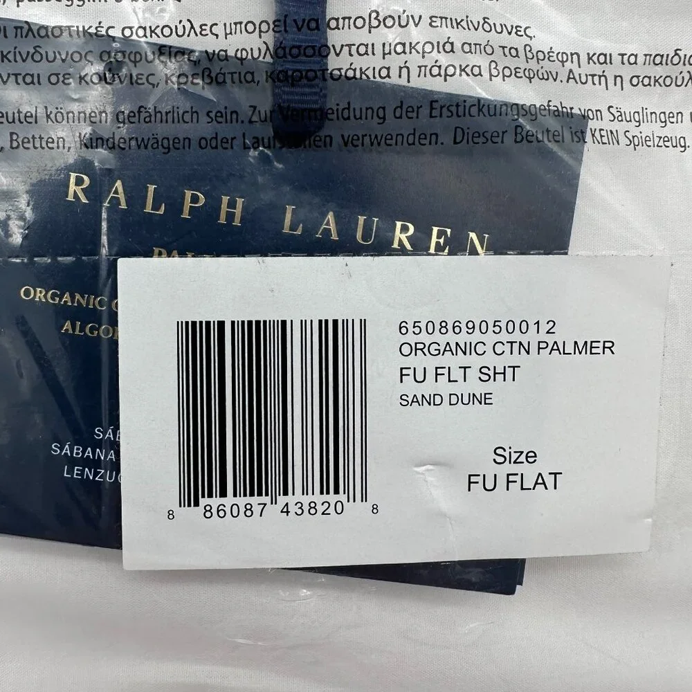 Ralph Lauren Organic Cotton Palmer Percale Full Size Flat Sheet, White/Sand Dune